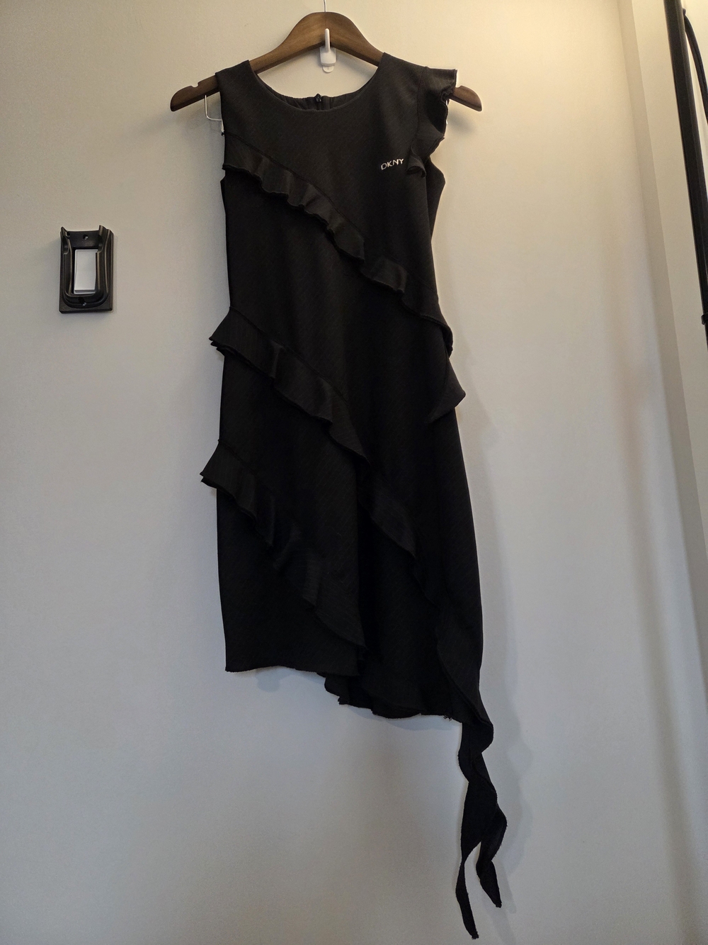 DKNY Black Ruffled Asymmetrical Wool-blended Dress